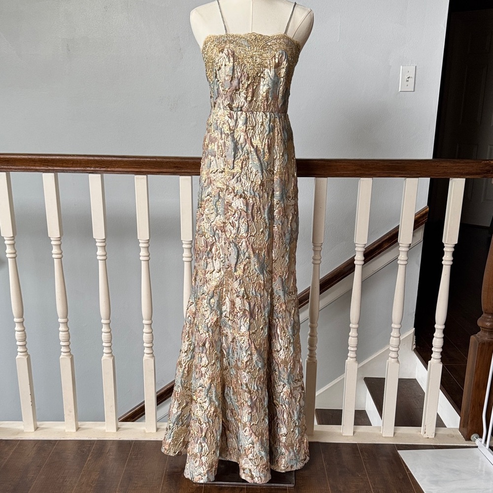 Aidan Mattox Strapless Metallic Brocade Maxi Dress in Gold and Taupe